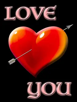 Love you, bright red and shiny heart with arrow, isolated against the black colored background