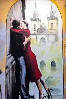 Stone Bridge Prints: Lovers, wall painting under the Charles Bridge, Hradcany suburb, Prague, Czech Republic