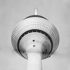 Grayscale Prints: Low angle grayscale shot of the Rheinturm telecommunications tower in Dusseldorf, Germany