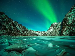 Lofoten Islands Prints: Low angle view of Northern lights over the islands of Lofoten, Norway