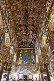 Iranian Persian Prints: Low angle view of the wooden ceiling of the Palatine Chapel inside the Normans Palace in Palermo