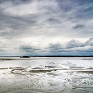 Atlantic Beach Prints: Low tide in Mont Saint Michel Bay landmark. Normandy, France, Europe