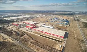 Woodwork Prints: Lumber processing line plant aerial drone view on sunny day