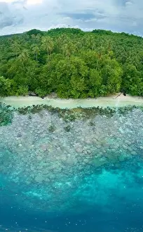 Melanesia Prints: A lush, tropical island is fringed by a coral reef in the Solomon Islands