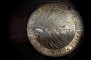 El Salvador Prints: Lustrous Central American Republic 8 Reales 1842/37 - Radiant Sun over 4 Volcanoes Obverse