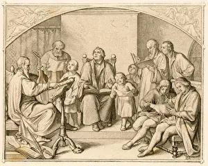 Full Length Prints: Luthers introduction of German protestant religious hyms together with his children