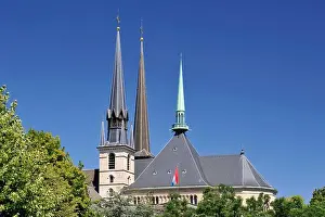 Benelux Prints: Luxembourg, Luxembourg city, Notre Dame de Luxembourg cathedral and its steeples seen from the Adolphe bridge