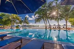 Seychelles Prints: Luxurious beach resort with swimming pool and beach chairs or loungers under umbrellas with palm trees and blue sky