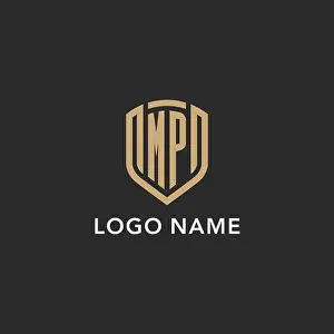 Monoline Prints: Luxury MP logo monogram shield shape monoline style with gold color and dark background vector graphic