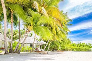 Sand Island Prints: Luxury resort beach with chairs umbrella at Maldives island