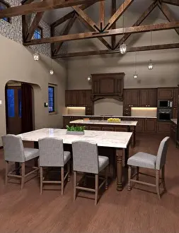Stool Prints: Luxury and spacy rustic kitchen interior with high ceiling 3d render