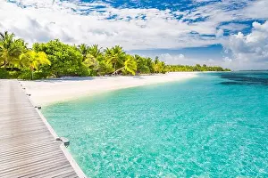 Luxury summer travel and vacation background. Exotic landscape destination, tropical nature foliage. Palms and calm blue sea, vibes, moods at beach