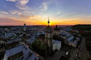 Korniakt Prints: Lviv, Ukraine - 2020: Aerial view on Dominican Church and Dormition Church in Lviv