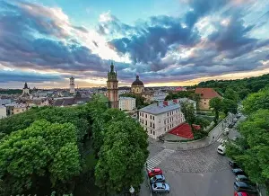 Lviv, Ukraine - 2020: Aerial view on Dominican Church and Dormition Church in Lviv, Ukraine from drone