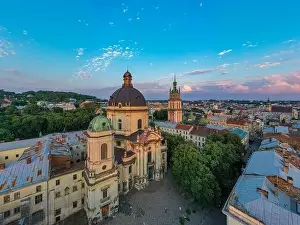 Korniakt Prints: Lviv, Ukraine - 2020: Aerial view on Dominican Church and Dormition Church in Lviv