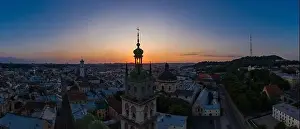 Korniakt Prints: Lviv, Ukraine - 2020: Aerial view on Dominican Church and Dormition Church in Lviv