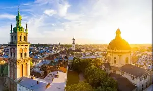 Lviv, Ukraine - 2020: Aerial view on Dominican Church and Dormition Church in Lviv, Ukraine from drone