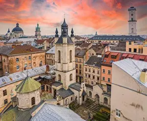 Armenian Prints: Lviv, Ukraine - April 17, 2020: View on Armenian Cathedral of the Assumption of Mary from drone