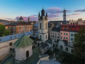 Armenian Prints: Lviv, Ukraine - April 17, 2020: View on Armenian Cathedral of the Assumption of Mary from drone