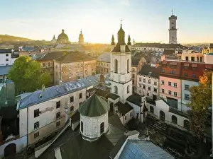 Armenian Prints: Lviv, Ukraine - April 17, 2020: View on Armenian Cathedral of the Assumption of Mary from drone