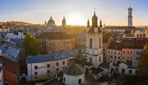 Armenian Prints: Lviv, Ukraine - April 17, 2020: View on Armenian Cathedral of the Assumption of Mary from drone