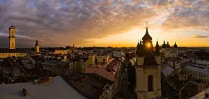 Armenian Prints: Lviv, Ukraine - April 17, 2020: View on Armenian Cathedral of the Assumption of Mary from drone