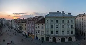 Square Street Prints: Lviv, Ukraine - April? 2021: Aerial view on Market square in Lviv, Ukraine from drone