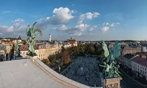 Culture Day Prints: Lviv, Ukraine - August 12, 2021: Aerial view on Lviv National Opera statue statue from drone