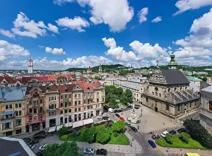 Bell Building Prints: Lviv, Ukraine - August 24, 2020: Aerial view on Bernardine church in Lviv from drone