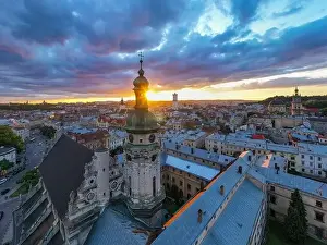Bell Building Prints: Lviv, Ukraine - August 24, 2020: Aerial view on Bernardine church in Lviv from drone