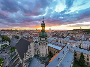Bell Building Prints: Lviv, Ukraine - August 24, 2020: Aerial view on Bernardine church in Lviv from drone