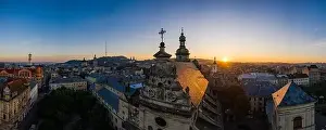 Bell Building Prints: Lviv, Ukraine - August 24, 2020: Aerial view on Bernardine church in Lviv from drone