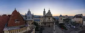 Bell Building Prints: Lviv, Ukraine - August 24, 2020: Aerial view on Bernardine church in Lviv from drone