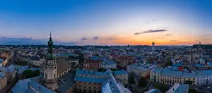 Bell Building Prints: Lviv, Ukraine - August 24, 2020: Aerial view on Bernardine church in Lviv from drone