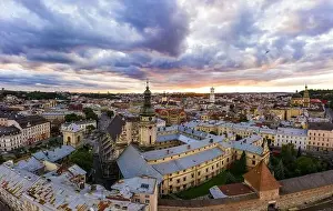 Lviv, Ukraine - August 24, 2020: Aerial view on Bernardine church in Lviv from drone