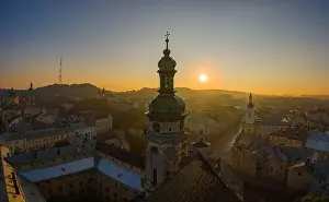 Bell Building Prints: Lviv, Ukraine - August 24, 2020: Aerial view on Bernardine church in Lviv from drone