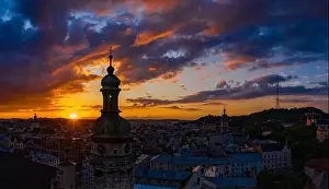 Bell Building Prints: Lviv, Ukraine - August 24, 2020: Aerial view on Bernardine church in Lviv from drone