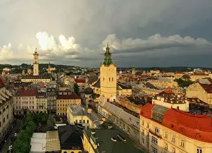 Lviv, Ukraine - August 24, 2020: Aerial view on City Hall and Latin Cathedral in Lviv, Ukraine from drone