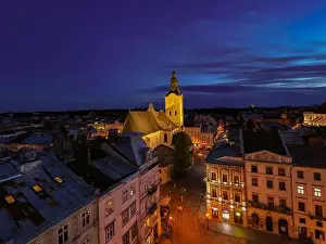 Lviv, Ukraine - August 24, 2020: View on Latin Cathedral in Lviv, Ukraine at night from drone