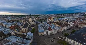 Lwow Prints: Lviv, Ukraine - August 25, 2020: View on Latin Cathedral in Lviv, Ukraine from drone