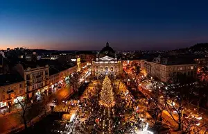 Lviv, Ukraine - December 19, 2020: Christmas tree near Opera House in Lviv, Ukraine. View from drone