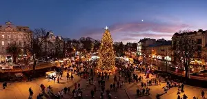 Lviv, Ukraine - December 19, 2020: Christmas tree near Opera House in Lviv, Ukraine. View from drone
