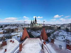 Lviv, Ukraine - January 29, 2021: Aerial veiw on Elizabeth church in Lviv, Ukraine from drone