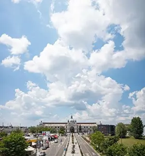 Art Building Prints: Lviv, Ukraine - July 1, 2021: View on railway station in lviv from drone
