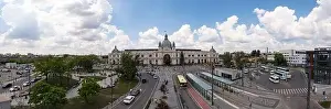 Lviv, Ukraine - July 1, 2021: View on railway station in lviv from drone