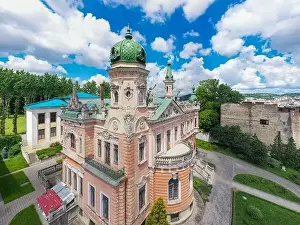 Lviv, Ukraine - June, 2020:Aerial view on Lviv National Museum from drone. Dunikovsky palace