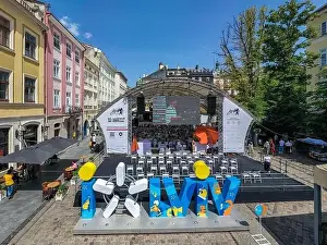 Market Square Prints: Lviv, Ukraine - June 24, 2021: Leopolis Jazz Fest 2021. Stage on Rynok Square