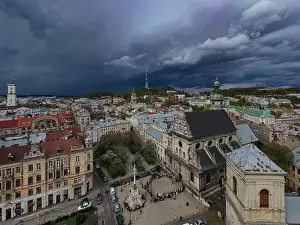 Easter Egg Prints: Lviv, Ukraine - May 1, 2021: Aerial view on Bernardine church in Lviv from drone