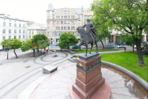Lviv, Ukraine - May 28, 2020: Aerial view on Monument to King Danylo Halytskyi in Lviv, Ukraine from drone