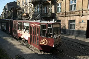 Tram Prints: Lviv, Ukraine, tram in old quarters early in the morning